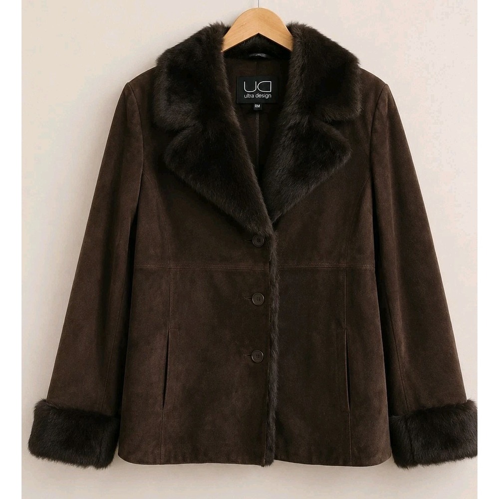 Vintage Suede Women's Coat Brown M UTEX Design Faux Fur Trim Y2K Penny Lane